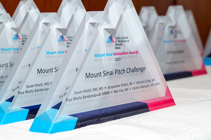 The Mount Sinai Pitch Challenge award plaque, among the various custom plaques received by each awardee during the ceremony. 